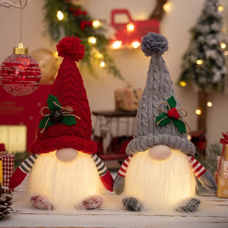 Skiennix Lighted Christmas Gnome Ornaments - LED Battery Operated Decorations | 2-Pack Set (Red & Grey)