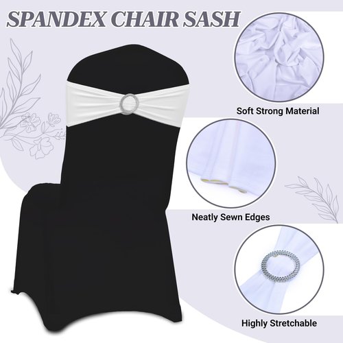 MDS Spandex Chair Sashes - Premium Stretch Covers with Buckle Slider for Weddings & Events | White, Pack of 75