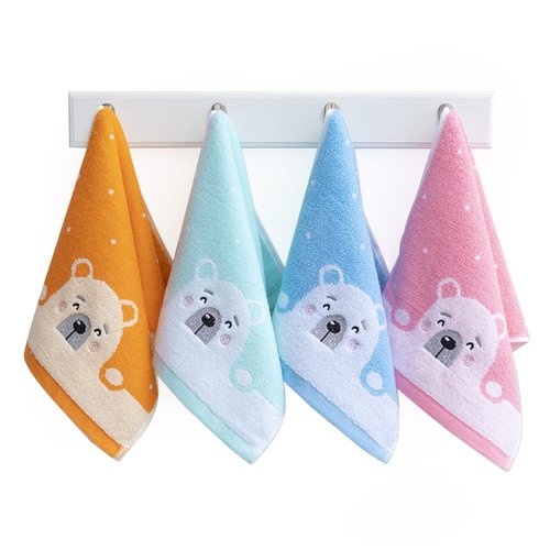 Kissvian 4 Pack Cute Cartoon Bear Pattern Hand Towels, Pure Cotton Children Bathroom Towel Animals, Kids Washcloths, Fingertip Bath Towels for Home Kitchen Bathroom Bedroom, Size 10" x 19.5"