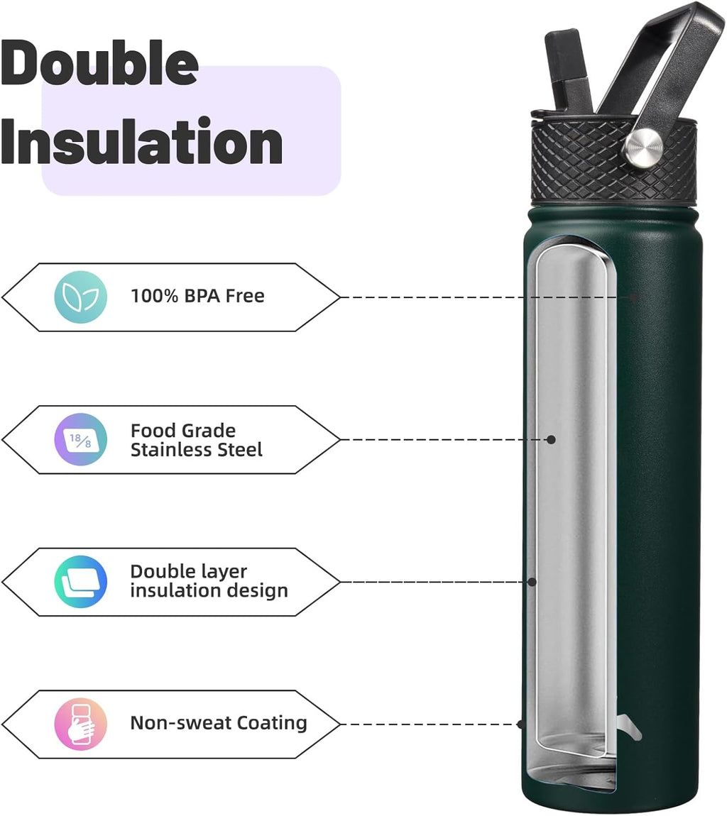 Skiennix Insulated Water Bottle - 24oz Stainless Steel Sport Bottle with 3 Lids | Army Green
