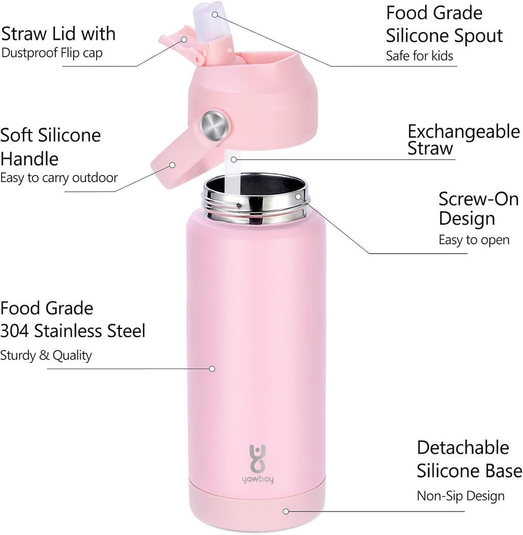 Skiennix 18oz Kids Insulated Water Bottle - Leak Proof Straw Lid & Silicone Handle | Light Pink