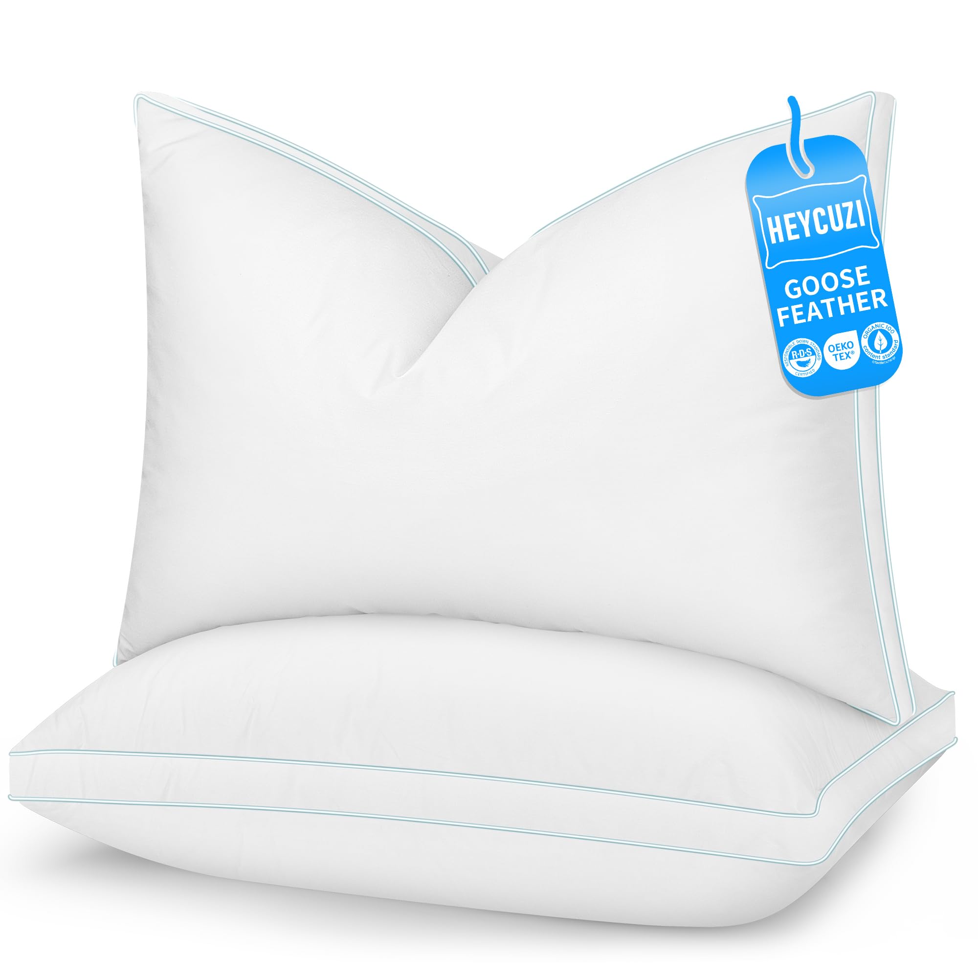 HEYCUZI Goose Feather Down Pillows - Bed Pillows Queen Size Set of 2 for Sleeping Hotel Soft, Cotton Cover Fluffy Support Gusseted Pillow for Side Back, Stomach,Sleepers White