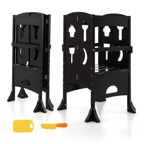 Costzon Toddler Tower, Foldable Kids Kitchen Step Stool w/Safety Rail, Height Adjustable Wood Standing Tower for Toddlers, Montessori Child Tower for Bathroom, Kitchen Counter