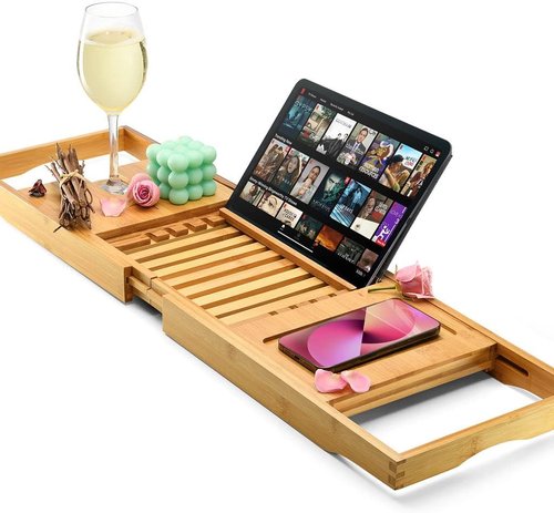 Luxury Foldable Bathtub Tray Caddy - Waterproof Wooden Organizer for Wine, Books & Phones | Expandable Size Fits Most Tubs