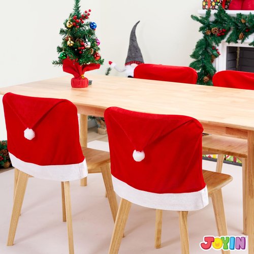 JOYIN 4 Pcs Christmas Chair Cover, Red Santa Hat Chair Slipcovers for Christmas Holiday Festival Decoration, Santa Claus Chair Back Covers, Xmas Indoor Decor Ornaments Set