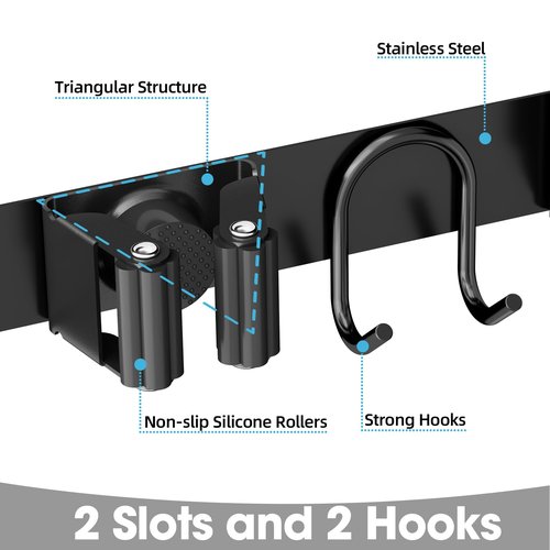 AURIKAR Broom Holder Wall Mount, Stainless Steel Mop and Broom Organizer, Broom Hanger with 2 Slots 2 Hooks for Home Kitchen, Garage, Garden and Laundry Room, Black