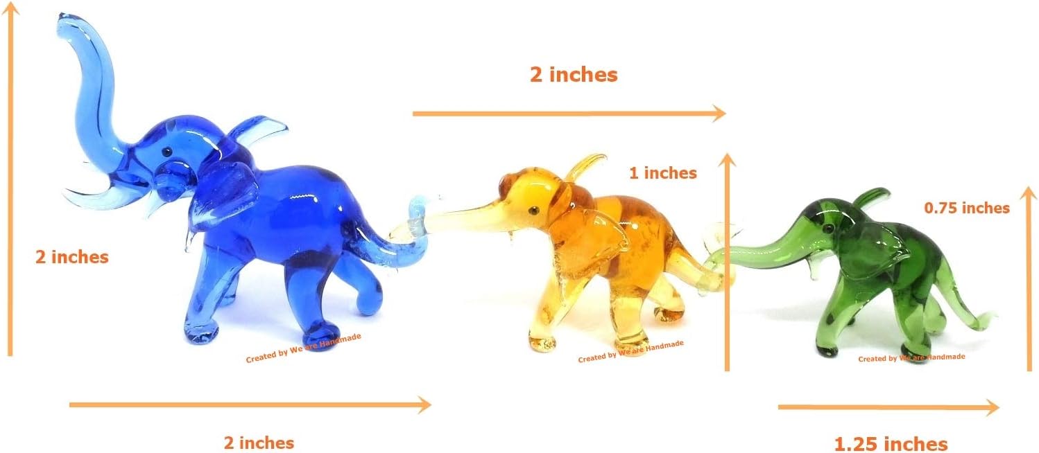 Skiennix Handmade Mini Elephant Family Figurines - Blown Glass Art, Multicolor Jungle Collectibles, 2" Size