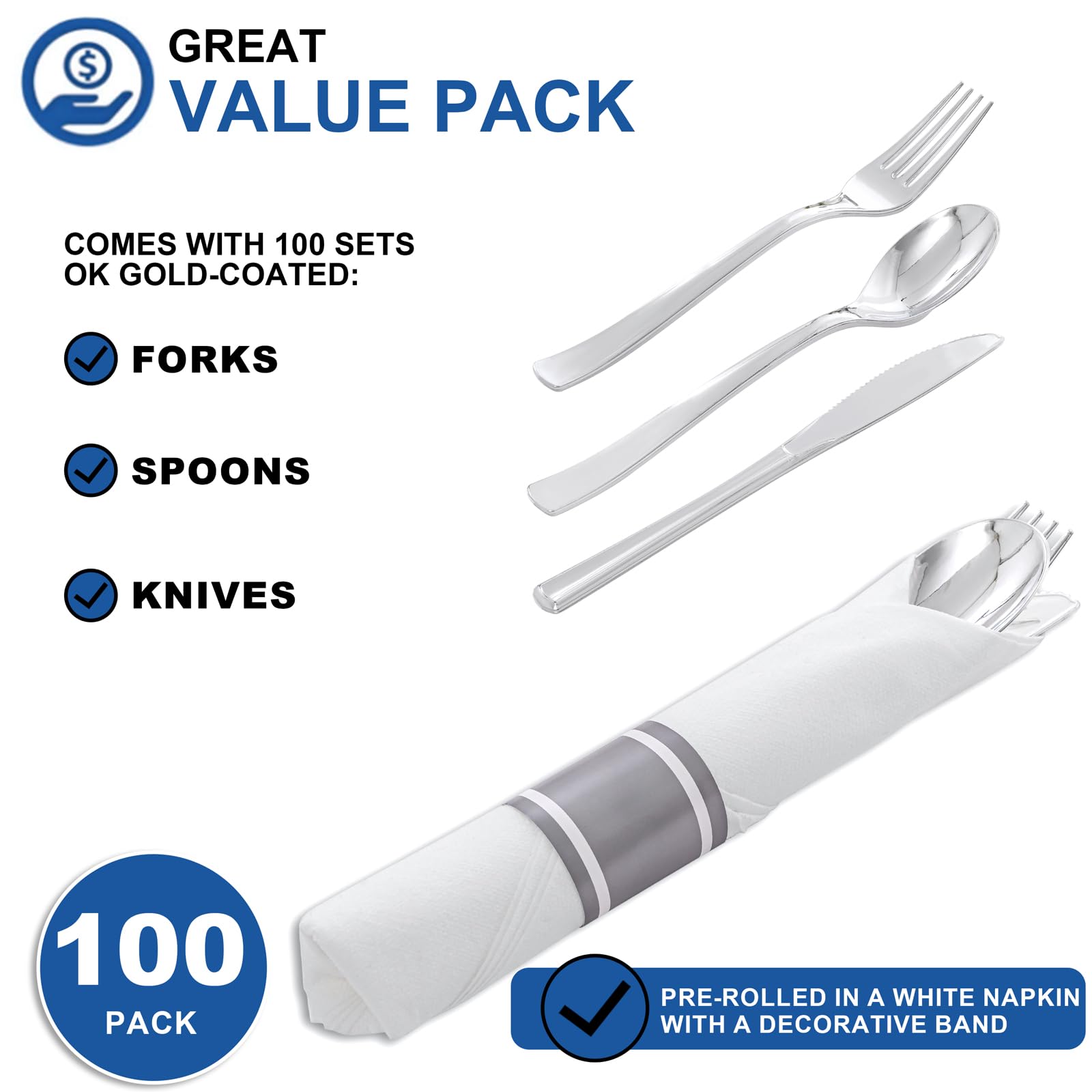 Joyido 400PCS Pre Rolled Silver Plastic Silverware Sets - Heavy Duty Silver Cutlery - Include 100 Pack Wrapped Disposable Utensils with Napkins for Parties & Dinners & Weddings