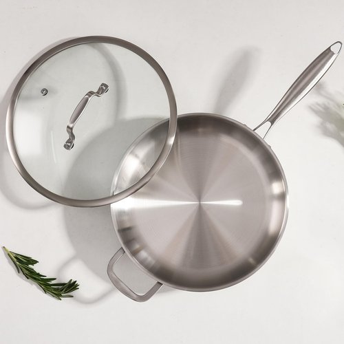 DELARLO Tri-Ply Stainless Steel Pan, 18/10 Frying Pan, Oven Safe Up to 600°F, Nontoxic Cookware, Compatible with All Cooktops Skillet, Durable, Fast Even Heat Fry Pan,Large 14.2 Inch Frying Pan