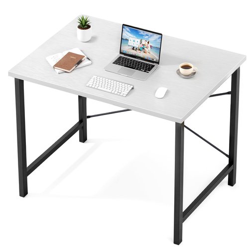 Sweetcrispy Small Computer Desk,32 Inch Office Writing Work Desk with Metal Frame Wooden Tabletop, Student Study Home Bedroom Table with X-Shaped Reinforcement, Black Leg White Top