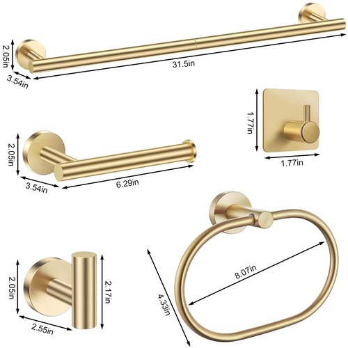 Brushed Gold Bathroom Accessories Set, 7 Pieces Gold Towel Bar Bathroom Hardware Set, 31.5 Inch Towel Racks for Bathroom, SUS304 Stainless Steel Bathroom Towel Holder Toilet Paper Holder Wall Mounted