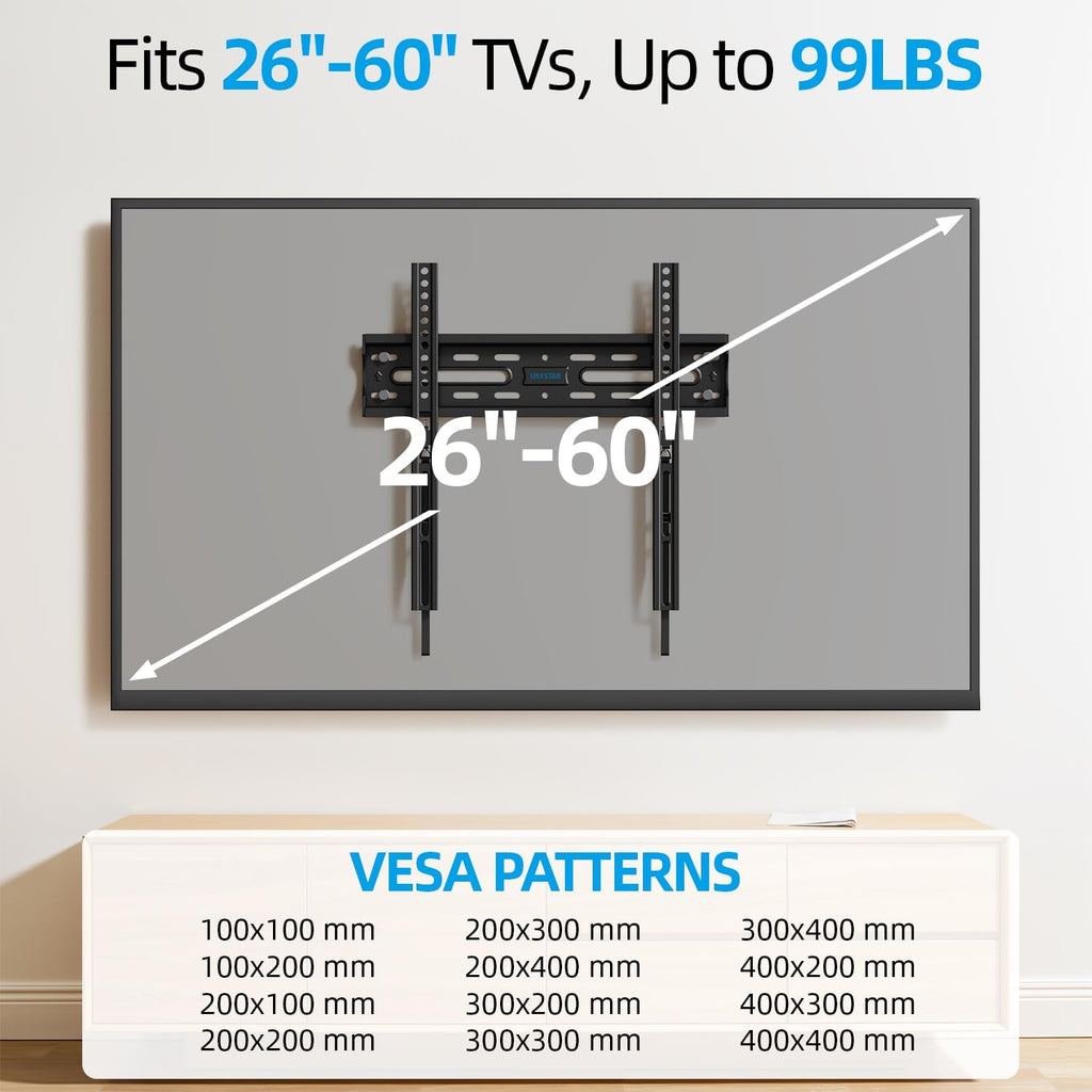 USX STAR Fixed TV Wall Mount - Ultra Slim Design for 26-60 Inch Screens | Quick Release Lock, Max VESA 400x400mm, Supports 99 lbs