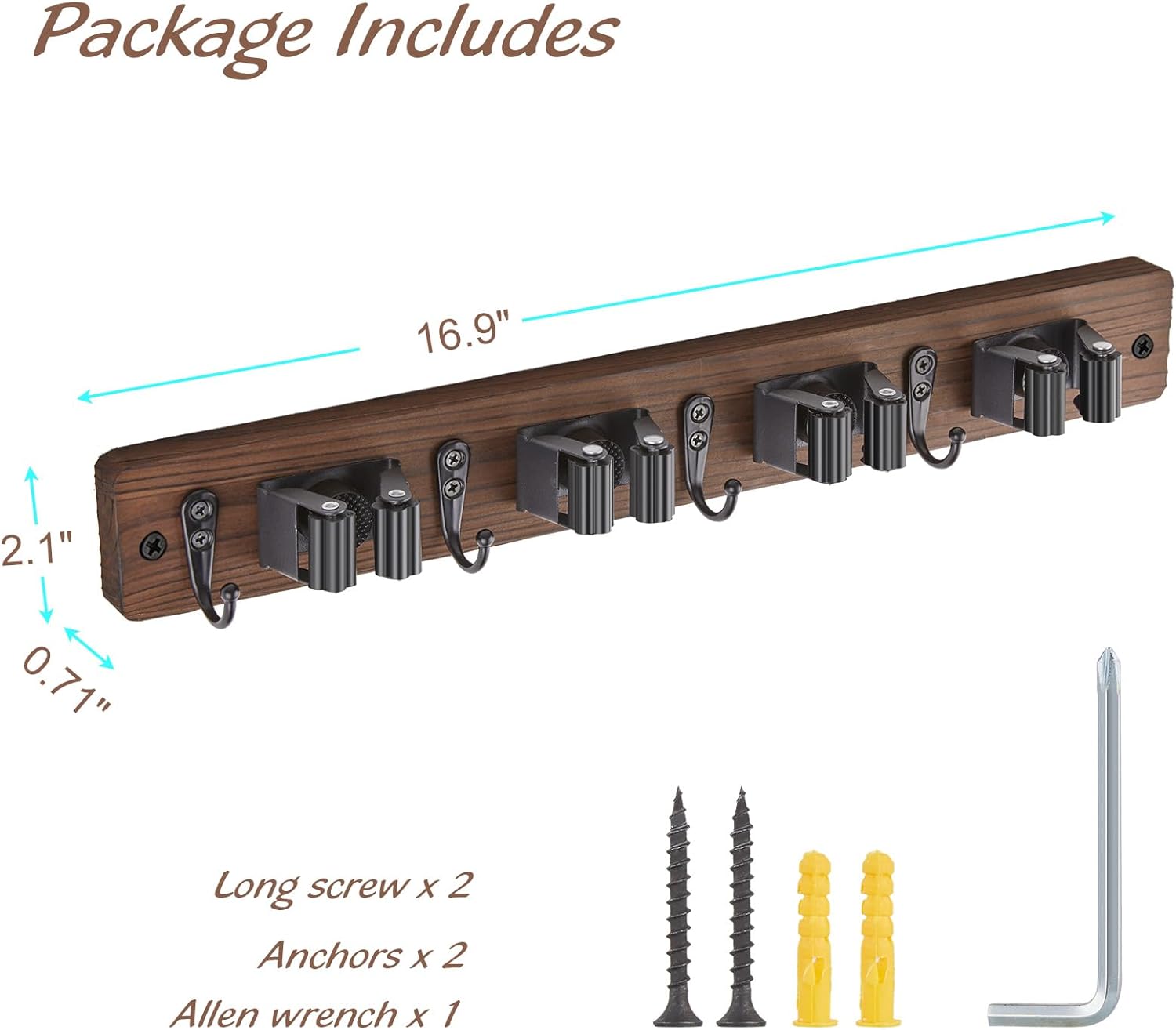 OUTNILI Mop and Broom Holder Wall Mount - Rustic Wood Organizer with 4 Slots & Hooks for Garage, Closet, Laundry Room