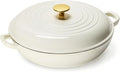 CAROTE Enameled Cast Iron Braiser Pan - 3.4QT Non-Toxic Dutch Oven with Lid & Dual Handles | White