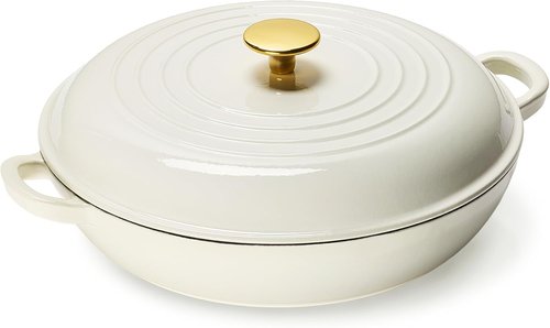 CAROTE Enameled Cast Iron Braiser Pan - 3.4QT Non-Toxic Dutch Oven with Lid & Dual Handles | White