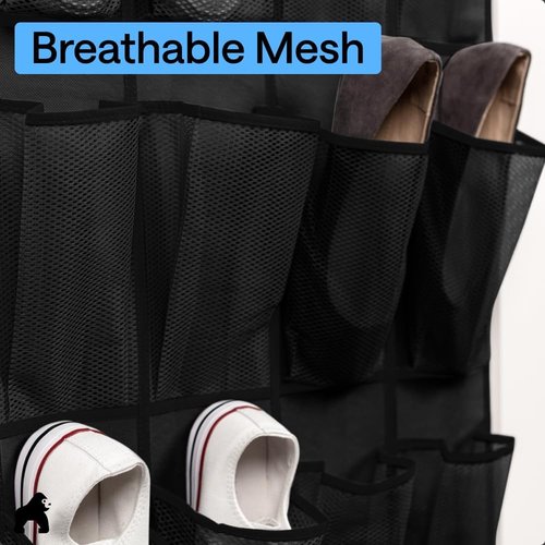 GORILLA GRIP Over The Door Shoe Organizer - 12 Large Breathable Mesh Pockets | Space-Saving Black Storage, 64H x 9.5W