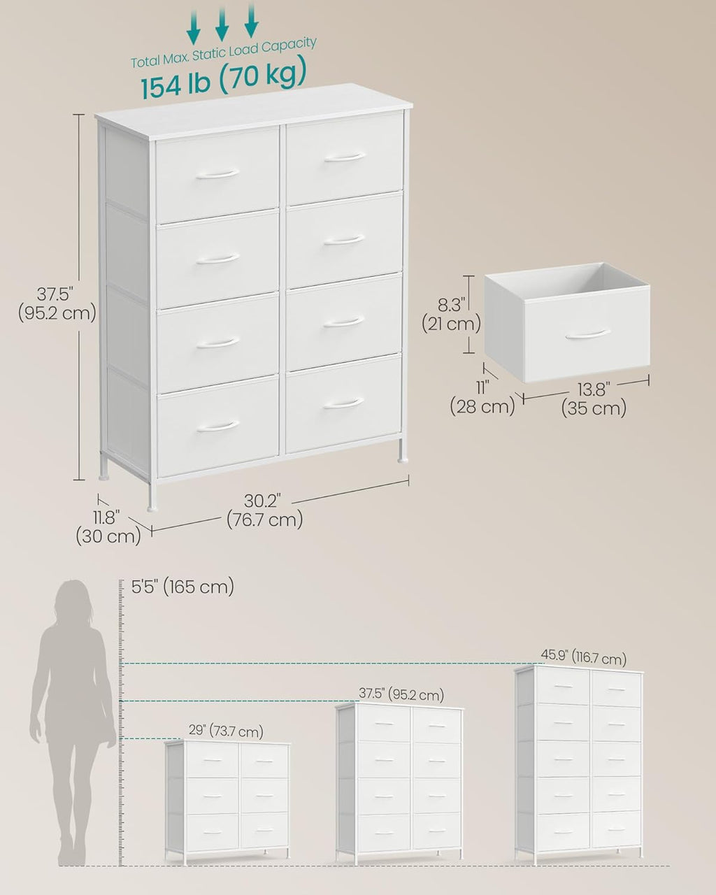 SONGMICS Dresser - 8-Drawer Storage Organizer Unit in Cloud White & Snow White | Durable Steel & MDF Design