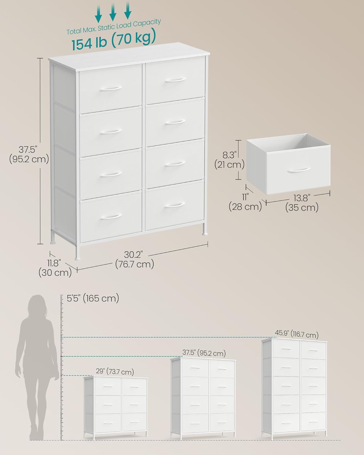 SONGMICS Dresser - 8-Drawer Storage Organizer Unit in Cloud White & Snow White | Durable Steel & MDF Design