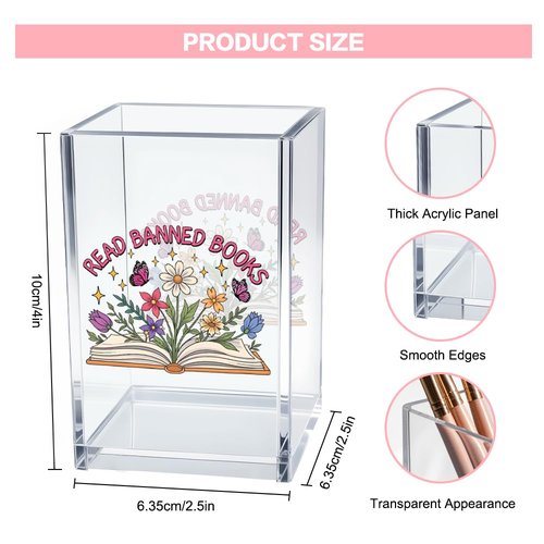 Vgrti Read Books Acrylic Pencil Pen Holder Cup, Floral Reading Bookmark Holder for Book Club Library Bookshelf Desk Decor, Book Lover Gifts for Women Men Teens Teachers Bookworms Librarians Readers