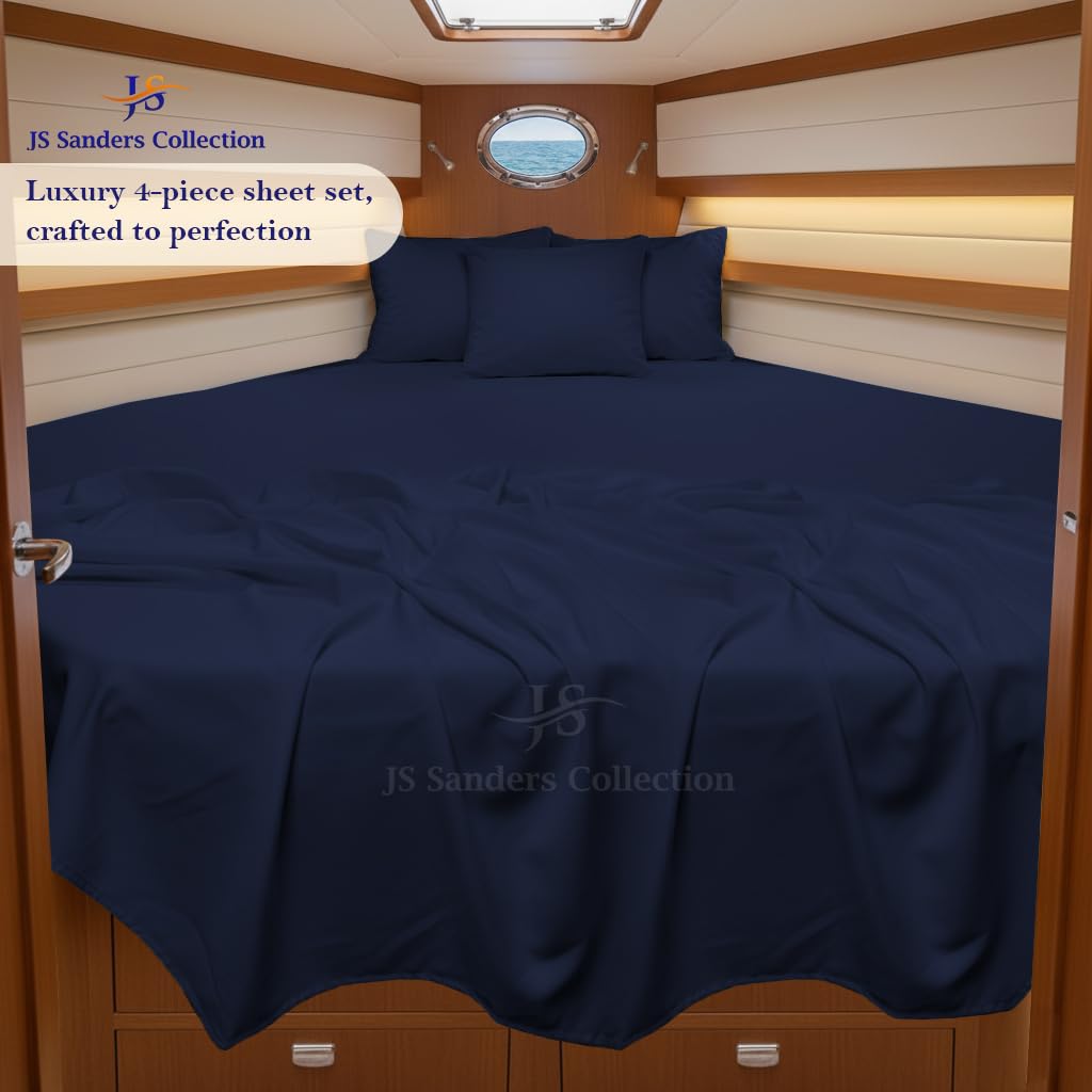 JS Sanders Collection 100% Egyptian Cotton Universal V Berth 4 Piece The Best Boat V Berth Bedding Fits mattresses up to 8” Depth Sheet Set - 600 TC Navy Blue