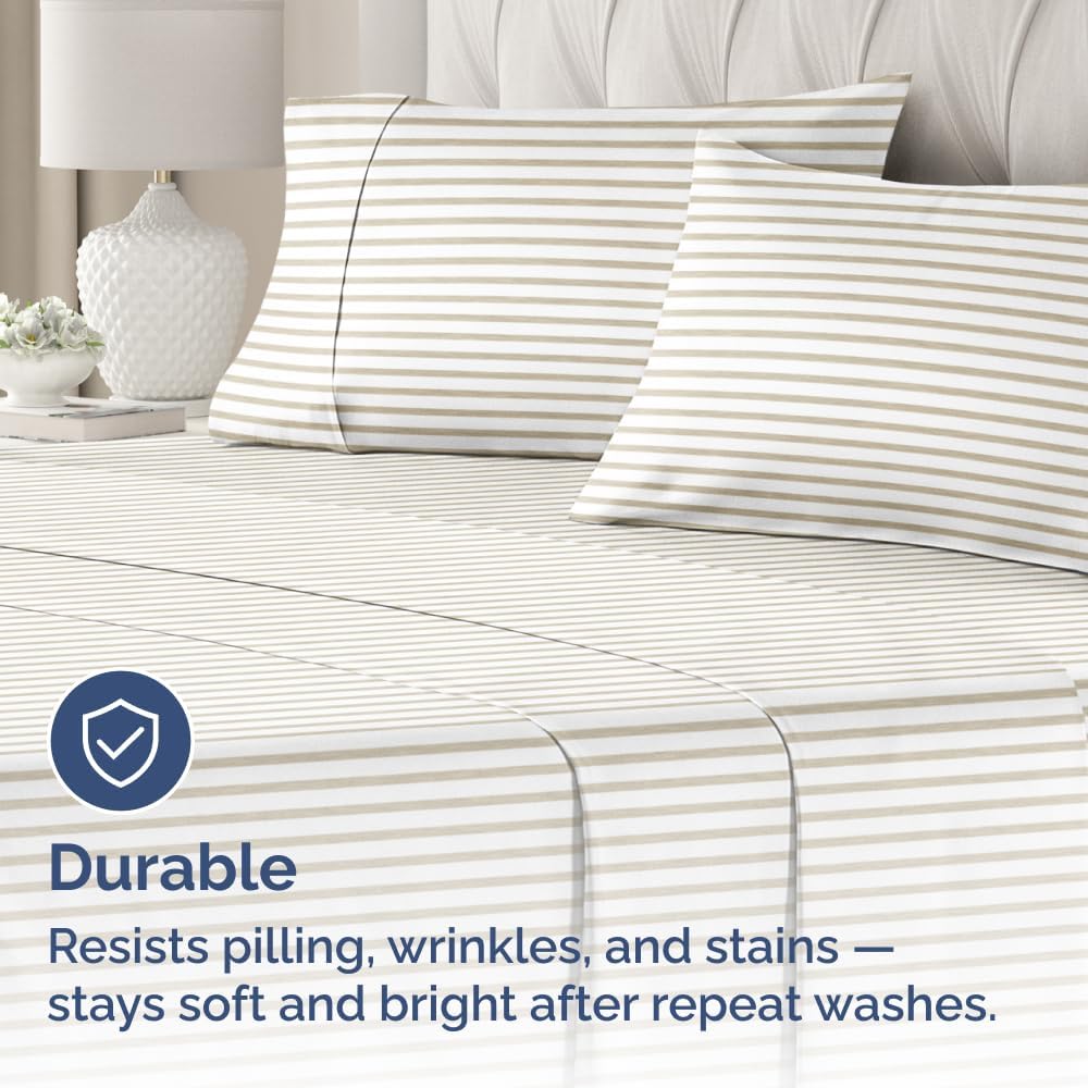 Skiennix Queen Pillow Cases Set of 2 - Ultra Soft Hotel Quality - Wrinkle Free & Fade Resistant - Beige Stripes