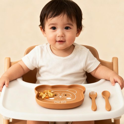 BabyX Baby Silicone Feeder Set, 3-pcs Jungle Wildlife-themed Baby Plate with Suction, Spoon and Fork for Babies Toddler Kids, BPA-Free, Baby Utensils Feeding Supplies, Microwave and Dishwasher Safe