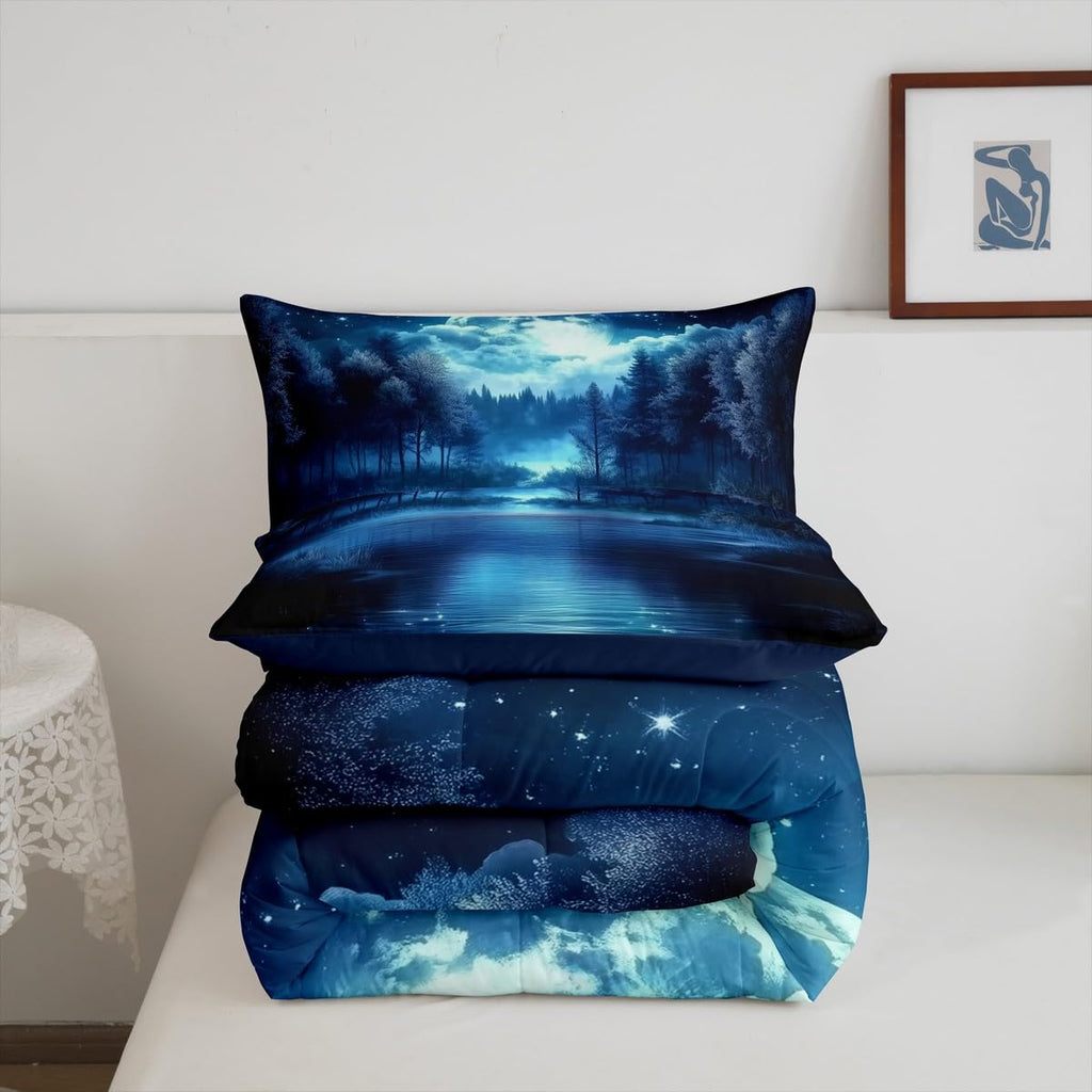 jejeloiu Moon Tree Lake Comforter Set King Size Kids Natural Scenery Bedding Set for Boys Girls Teens Starry Night Sky Comforter Breathable Nature Duvet Set Room Decor Quilt Set