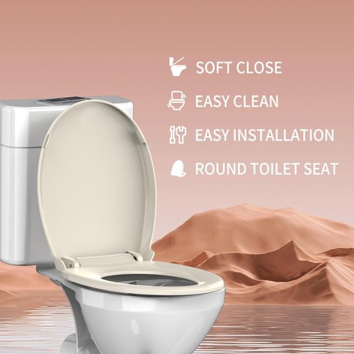 Round Toilet Seat Almond, Toilet Lid 16.5 inch with Soft Close, No Slam,Easy Installation & Release for Bottom Fixing Toilet，Safe PP Material Easy Clean，2 Years Support,B2B Available,Almond