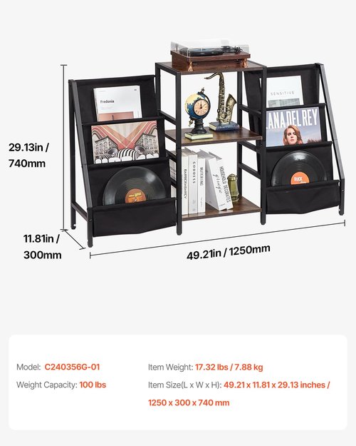 VEVOR Record Player Stand, 3 Tiers Metal Vinyl Record Stand, Turntable Stand with Record Holder Vinyl Display Shelf, Wooden Record Holder Ideal for Bedroom, Living Room, Black