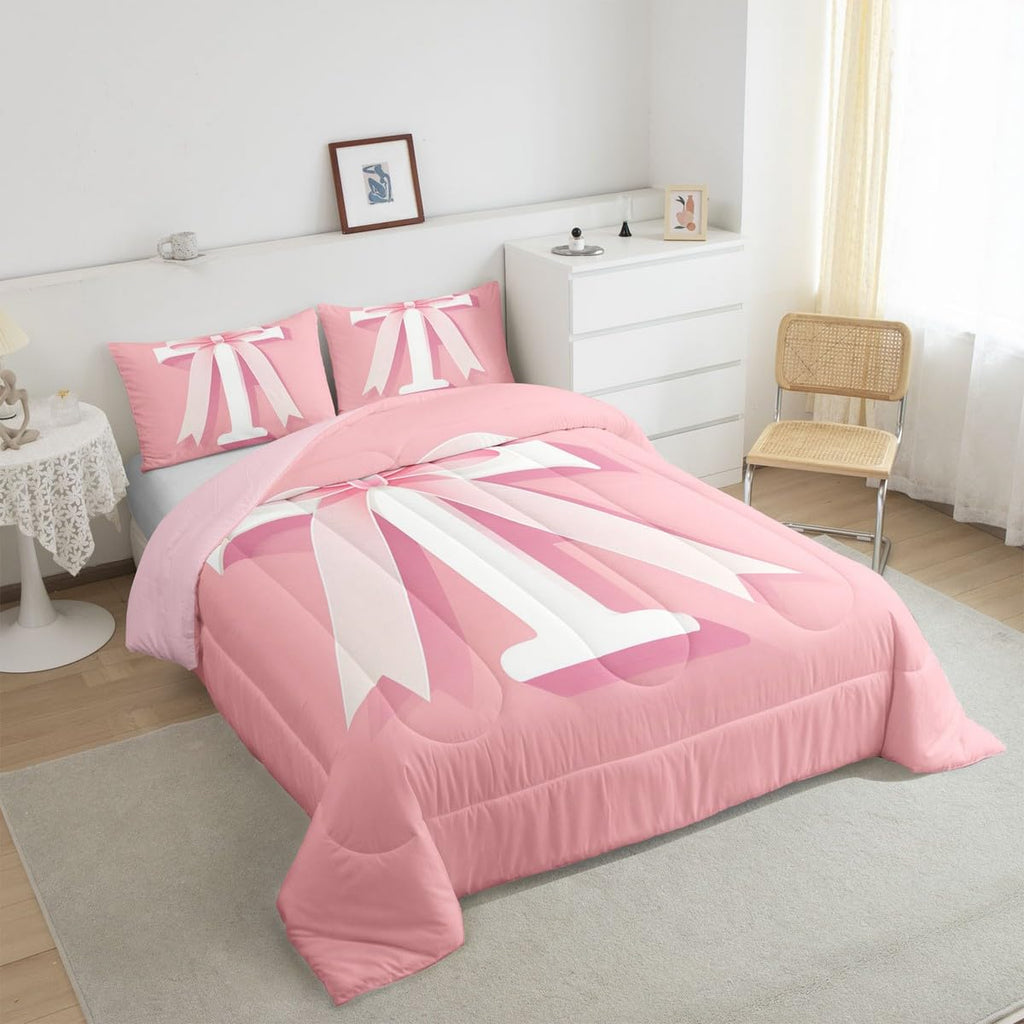 jejeloiu Kawaii Pink Bow Bedding Set, Queen Size, Decor Teen Girl Gifts Personalized Initial T Bedding Set, Ultra Soft Monogrammed Comforter Modern Fashion,Duvet Set Room Decor Quilt Set