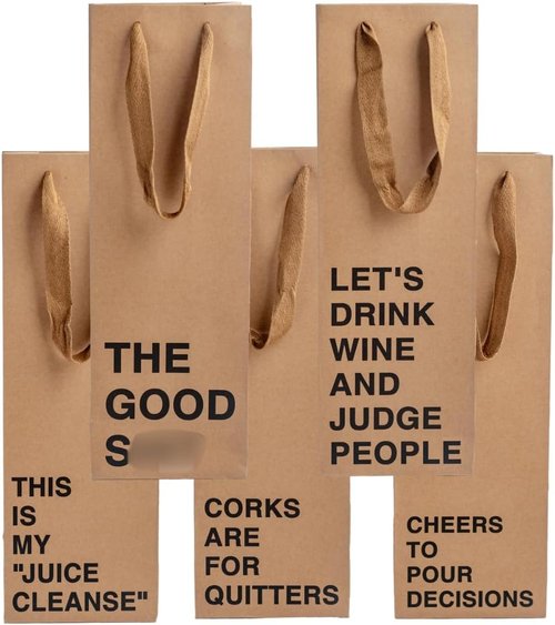 MilkToast Brands Set of 5 Funny Wine Gift Bags for Liquor & Wine Bottles - Reusable Wine Bags for Mother's Day, Birthdays, & Holidays - Sturdy Kraft Alcohol Gift Bag with Handles - 4.7″ x 3.5″ x 14″ Size