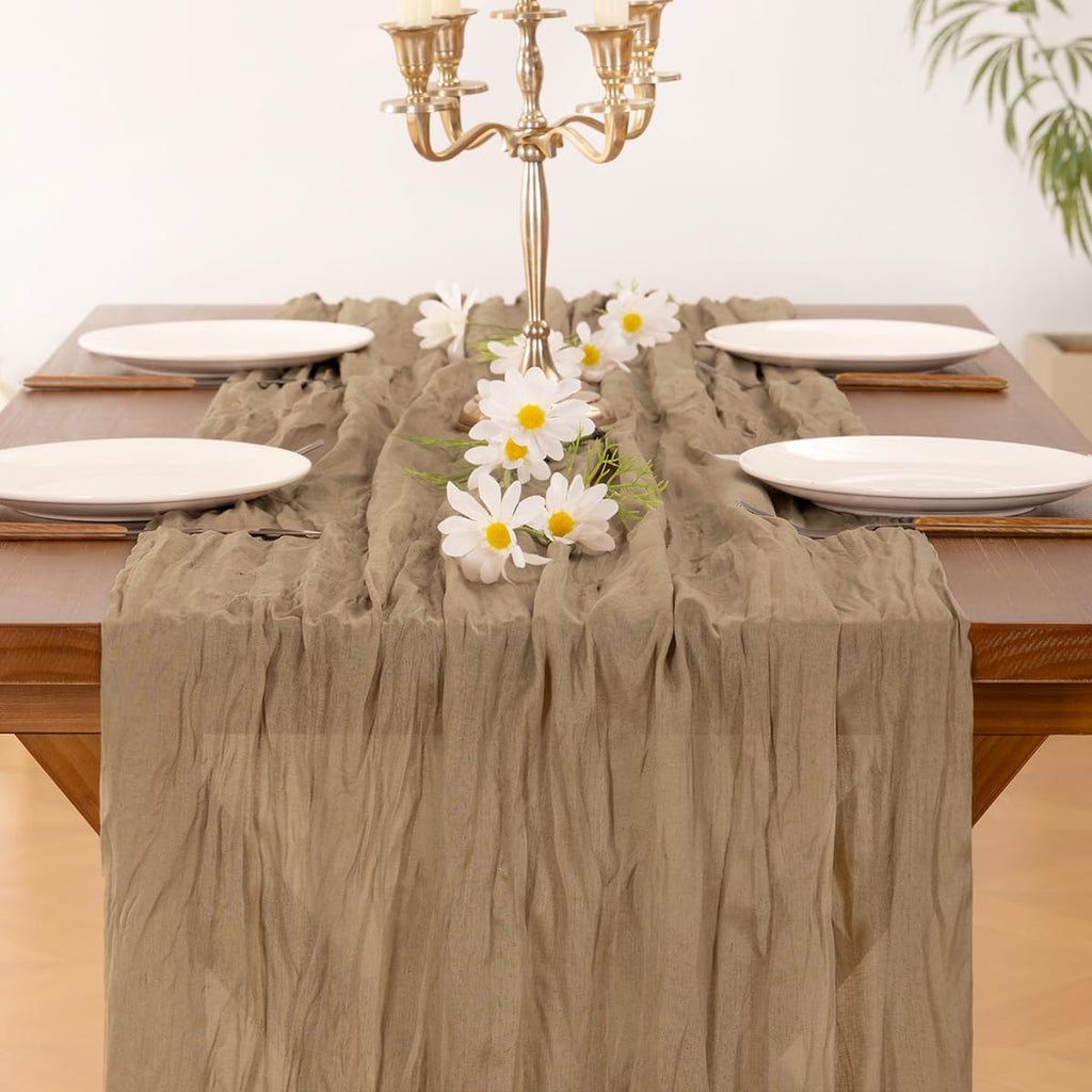 Socomi Cheesecloth Table Runner - 120 Inch Nude Brown Boho Style for Weddings & Events