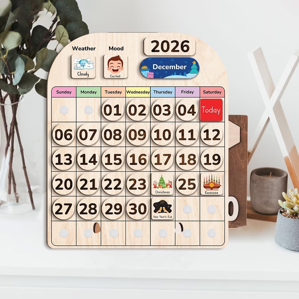 TinyKidz Wooden Calendar - Educational Toddler Calendar for Home & Classroom | Months & Days Learning Tool