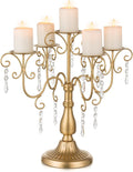 Sziqiqi Gold Candelabra Centerpiece - 5 Arm Pillar Candle Holder with Crystal Beads for Weddings & Holidays