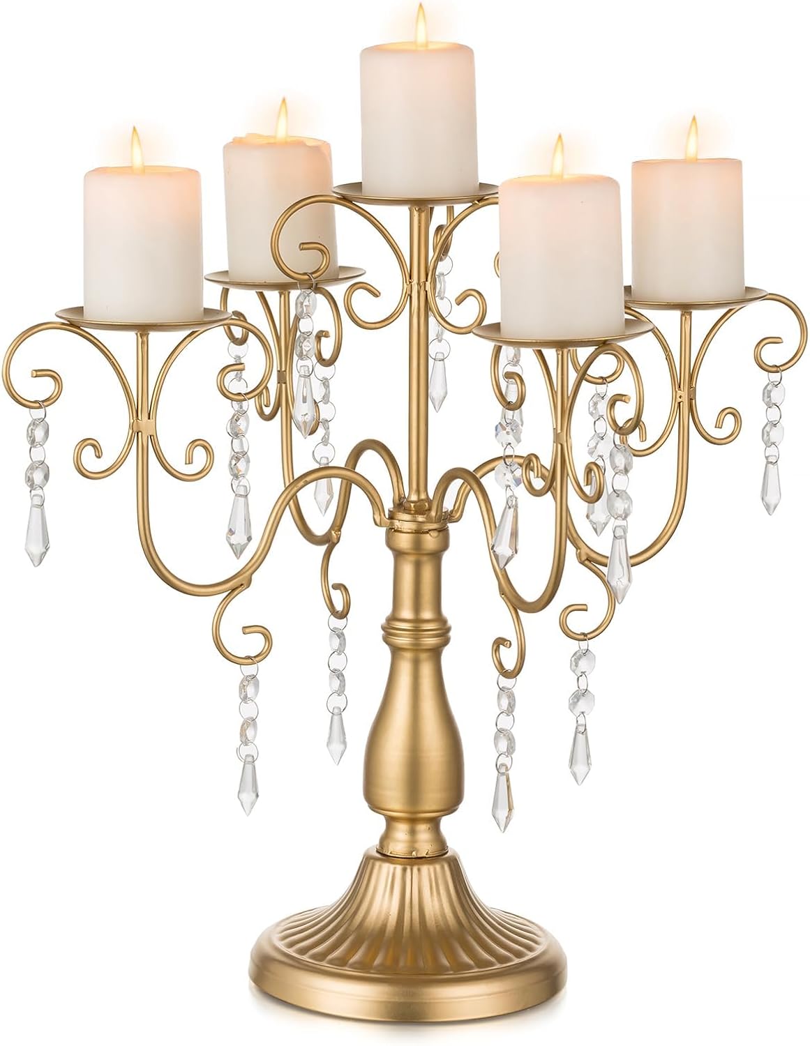 Sziqiqi Gold Candelabra Centerpiece - 5 Arm Pillar Candle Holder with Crystal Beads for Weddings & Holidays