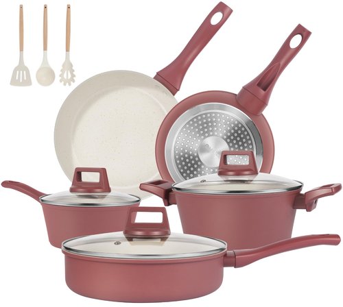 M MELENTA Pots and Pans Set Non Stick, 11-Piece Nonstick Induction Cookware Set, Non-Toxic Kitchen Cooking Set with Frying Pans, Saucepan, Stock Pot, PFOA Free, Red Brown
