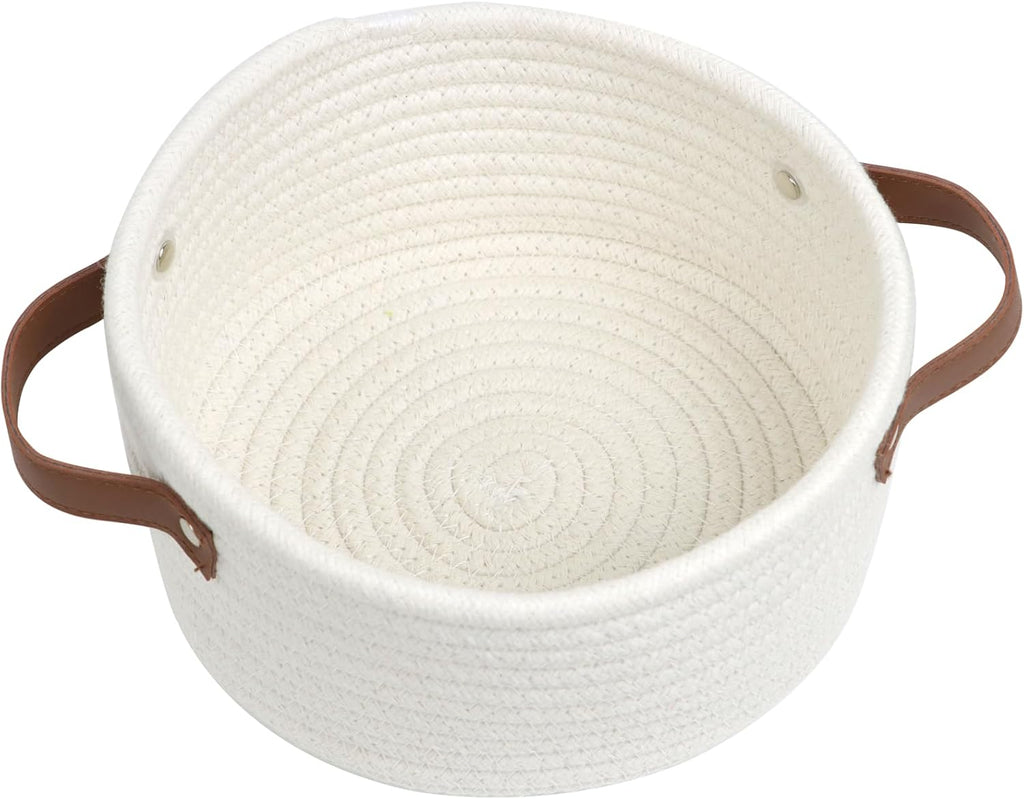 Skiennix Small Woven Basket - Cute Mini Cotton Rope Storage Bin with Leather Handle | Boho Nursery Organizer