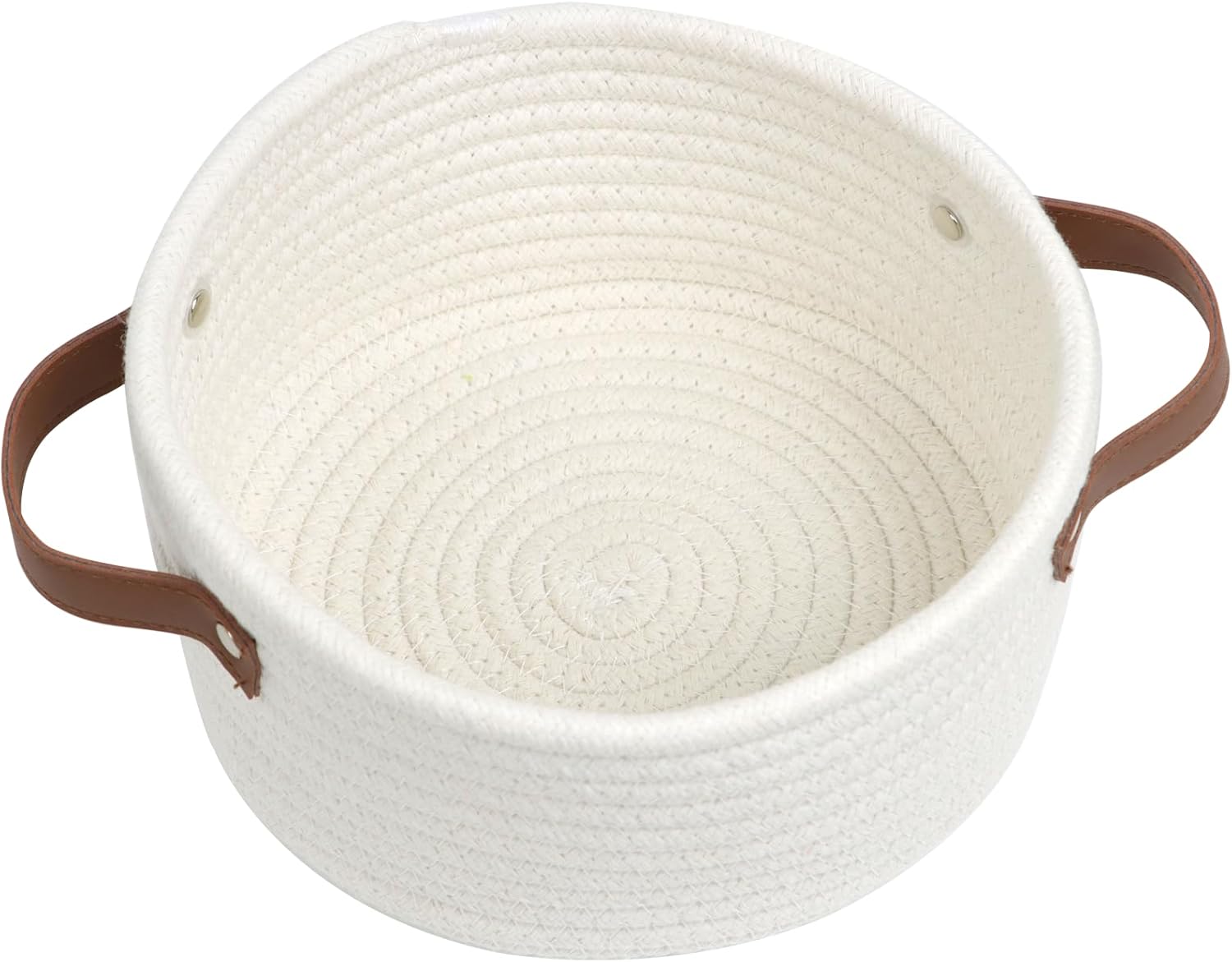Skiennix Small Woven Basket - Cute Mini Cotton Rope Storage Bin with Leather Handle | Boho Nursery Organizer