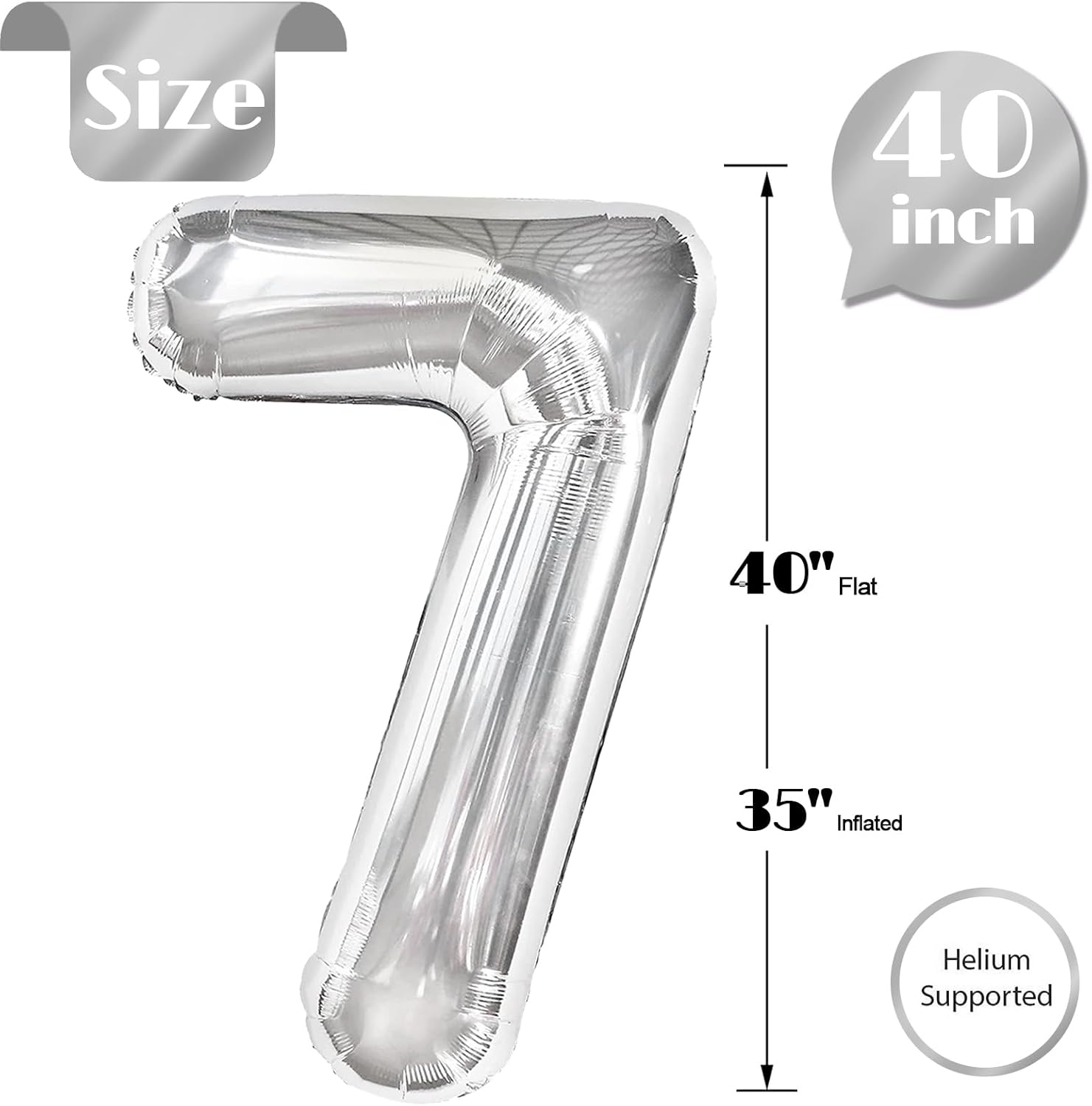 Silver Number 7 Balloon - 40 Inch Giant Foil Balloon for 7th Birthday Party Decorations
