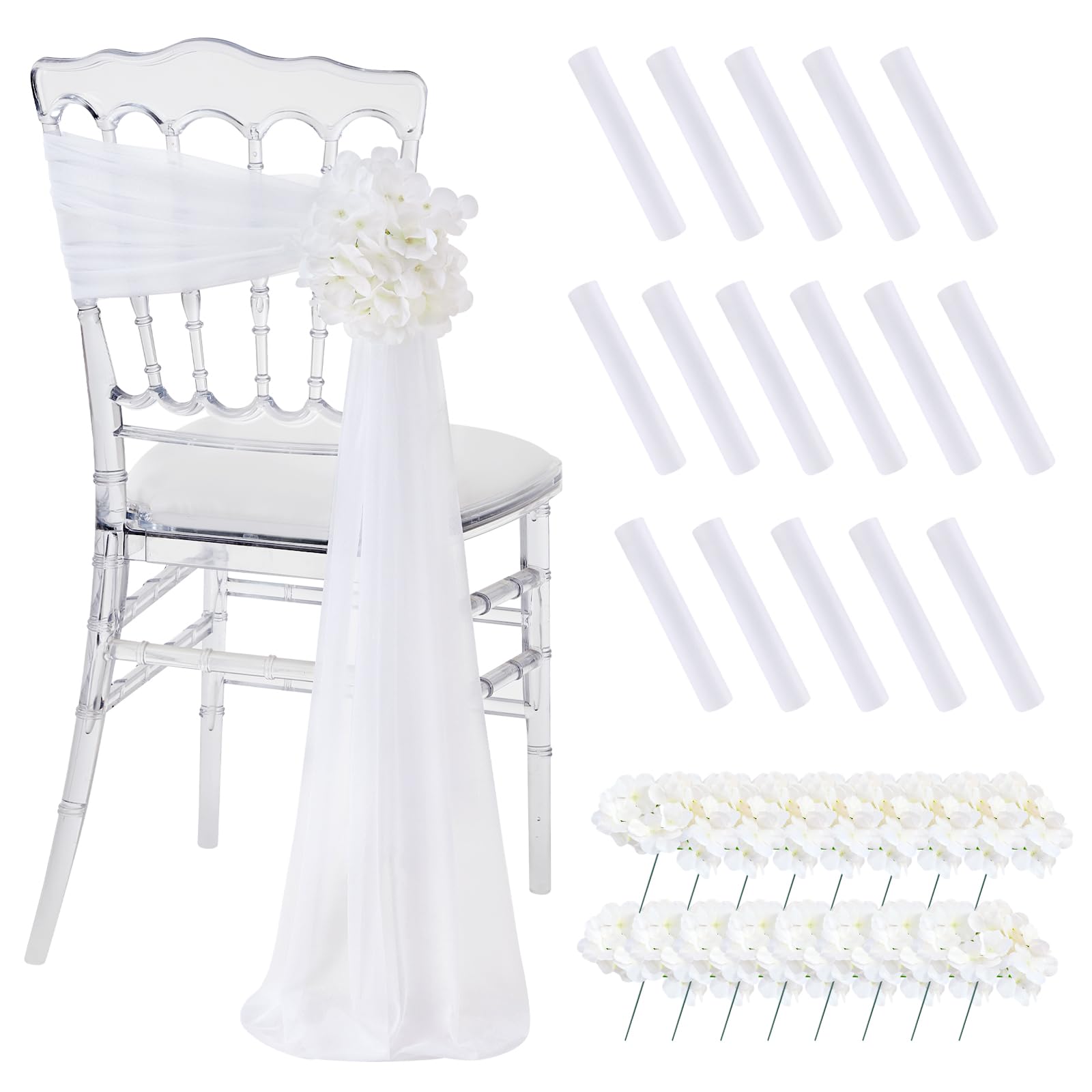 SoarDream White Wedding Chair Sashes, 16 Pack Sheer Tulle with Artificial Hydrangea Accents for Ceremony & Reception Home Chair Decorations