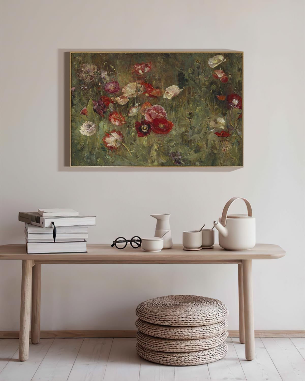 RaphelArt Large Framed Canvas Wall Art - Vintage Flower Poppies for Home Decor | 24''x36'' Dark Moody Floral Painting