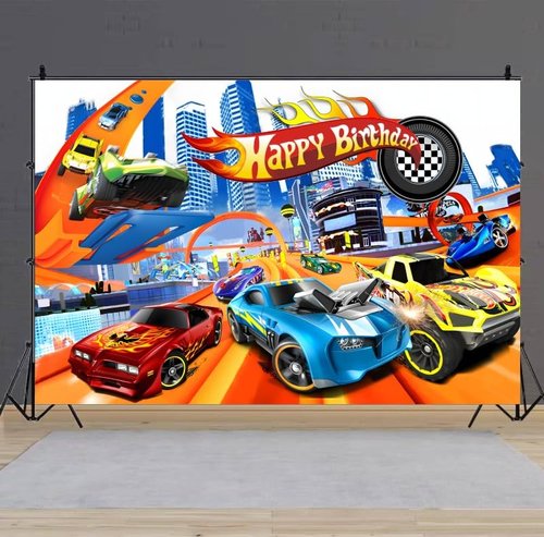 Hot Birthday Party Decorations, 5x3ft Happy Birthday Back drop Banner Theme Backdrop Banner for Wheels Party Decorations Indoor Outdoor.