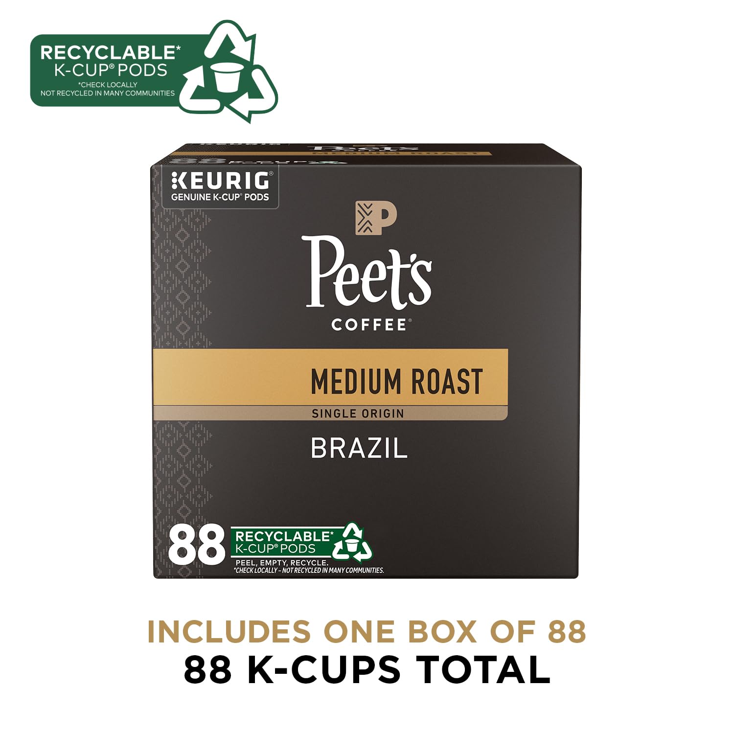Peet's Coffee Medium Roast K-Cup Pods - 100% Arabica Single Origin Brazil, 88 Count (4 Boxes)