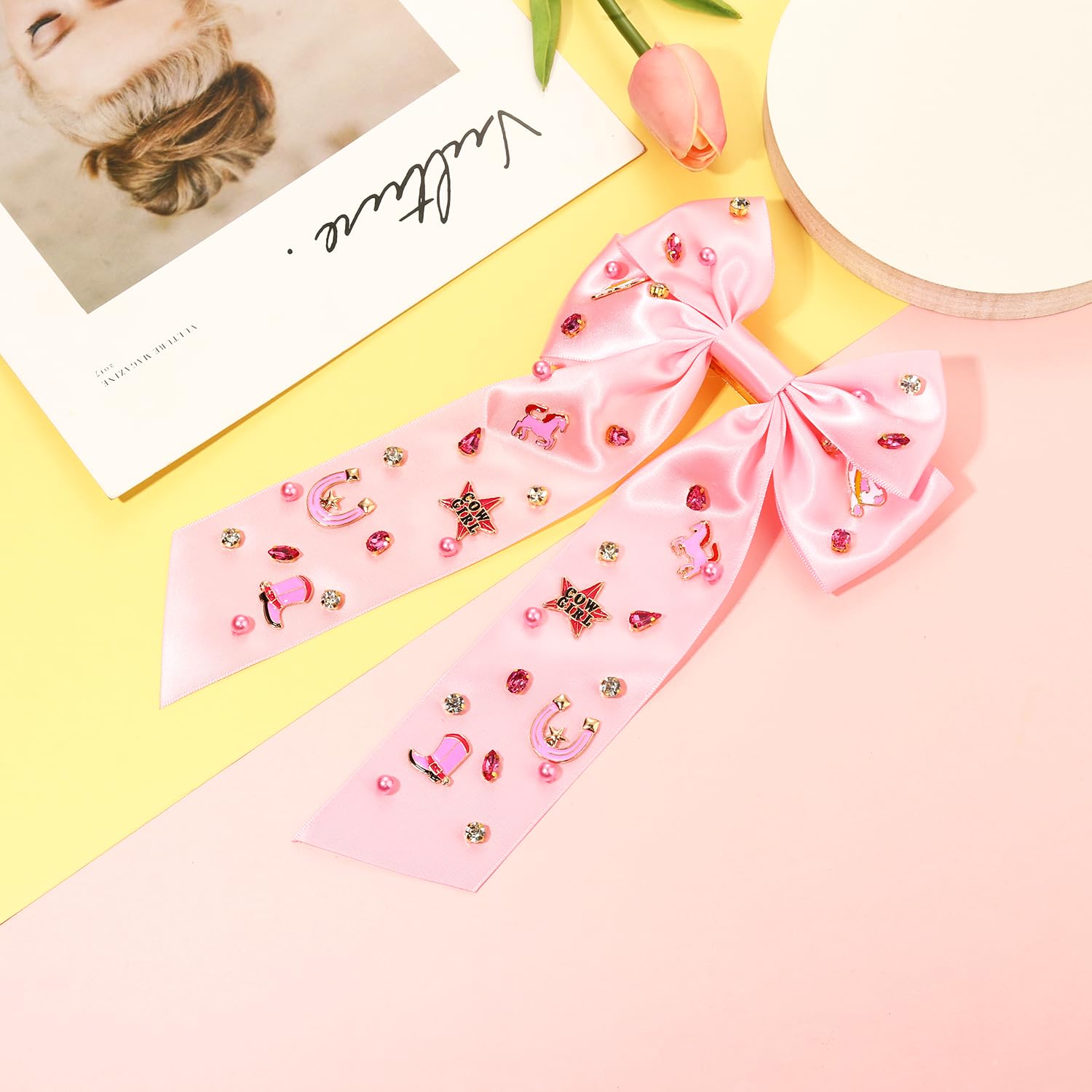 Skiennix Western Hair Bows - Jeweled Cowgirl Clips for Women | Big Pink Hair Accessories