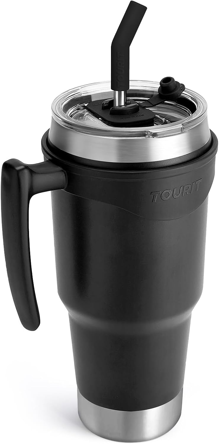 TOURIT 40 oz Insulated Tumbler - Handle & Straw | Keeps Drinks Cold for 34H or Hot for 10H - Black