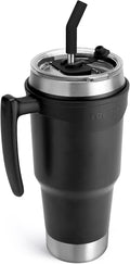 TOURIT 40 oz Insulated Tumbler - Handle & Straw | Keeps Drinks Cold for 34H or Hot for 10H - Black