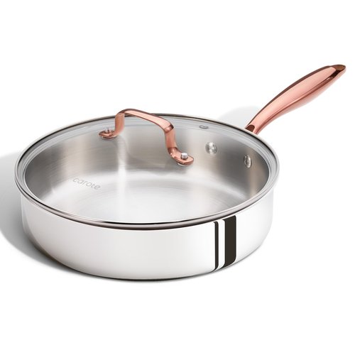 CAROTE 10" Tri-Ply Stainless Steel Deep Frying Pan with Lid, Non-Toxic Saute Pan, Oven Safe, Induction, Ceramic and Gas Cooktops Compatible, Silver