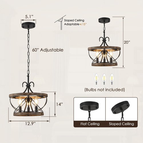 Curve Curio 12.9'' Farmhouse Chandelier Light Fixture, 3-Light Dining Room Light Fixtures French Country Rustic Chandelier Over Table for Entryway Foyer Bedroom Living Room