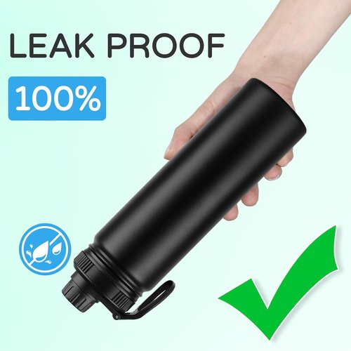 Domicare Insulated Water Bottle - 22 oz Stainless Steel Vacuum Bottle with Straw & Spout Lid | Leakproof Black