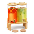 1.5 Gallon 2 PACK Glass Drink dispenser, Beverage Dispenser With Wood Stand, Lemonade Dispenser with Airtight Valve and Stainless Steel Spigot,Drink Dispenser for Parties